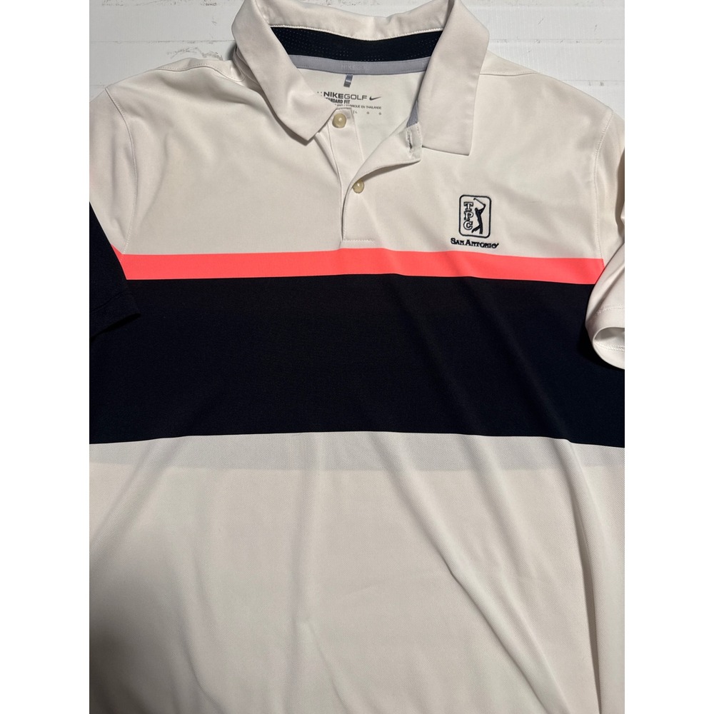 Nike Golf Polo Shirt Men Large White Navy Pink Excellent TPC San Antonio Dri-FIT